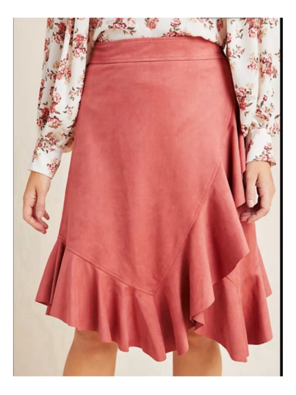 Women's Maeve Marston Ruffle Wrap Asymmetrical Faux Suede Skirt Size 14 Pink